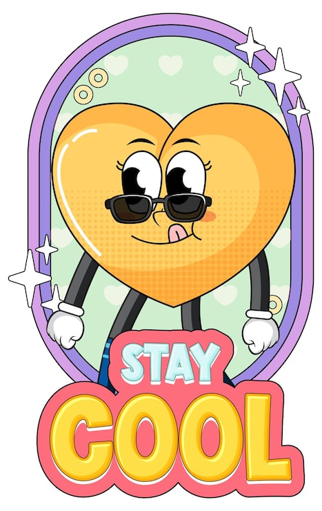 Kostenlose Vektor gelbe herz-cartoon-figur mit stay-cool-abzeichen