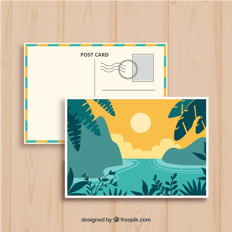 Kostenlose Vektor hand gezeichnete sommerpostkartenschablone mit felsen