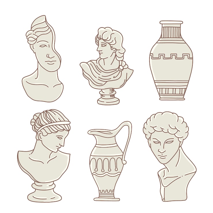Kostenlose Vektor handgezeichnete griechische statuensammlung