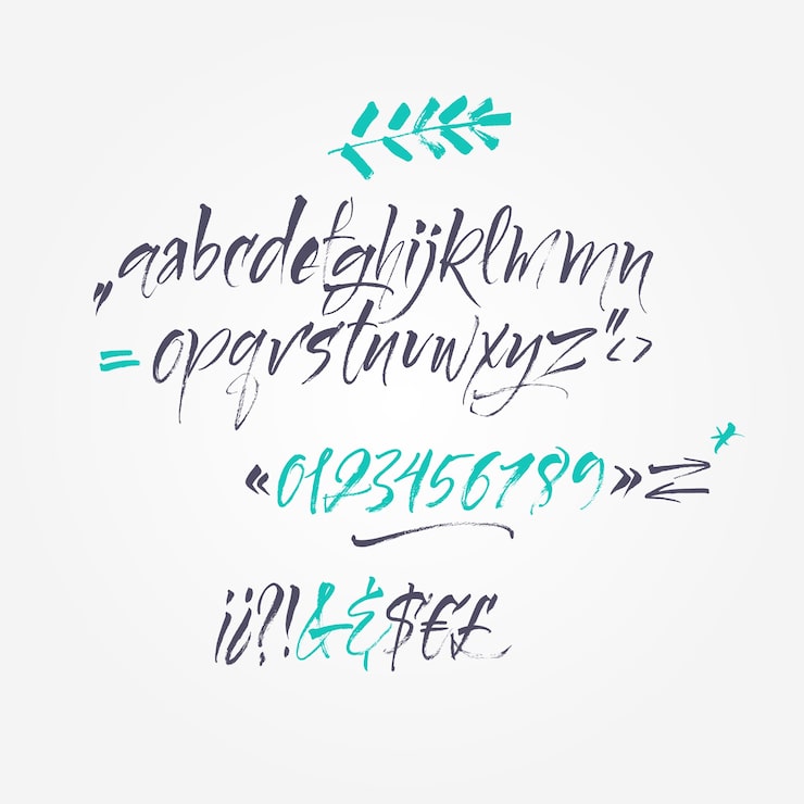 Kostenlose Vektor handschriftliche schriftschrift. pinsel schriftart. großbuchstaben, zahlen, interpunktion