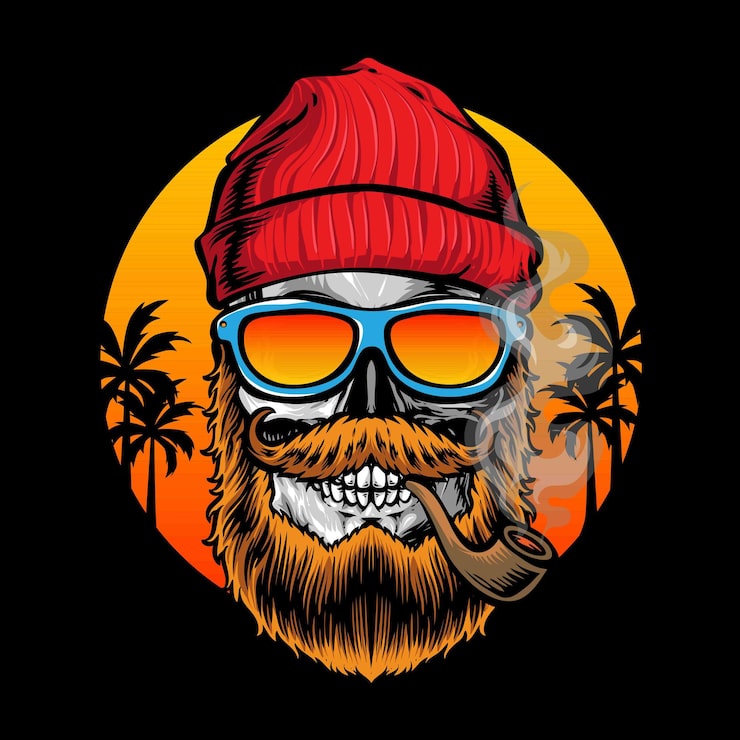 Kostenlose Vektor hipster-totenkopf mit sonnenuntergangshintergrund