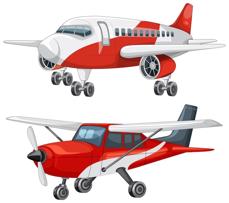 Kostenlose Vektor illustration eines roten passagierjets und eines kleinen propellerflugzeugs