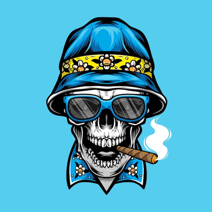 Kostenlose Vektor rauchender totenkopf mit fischerhut