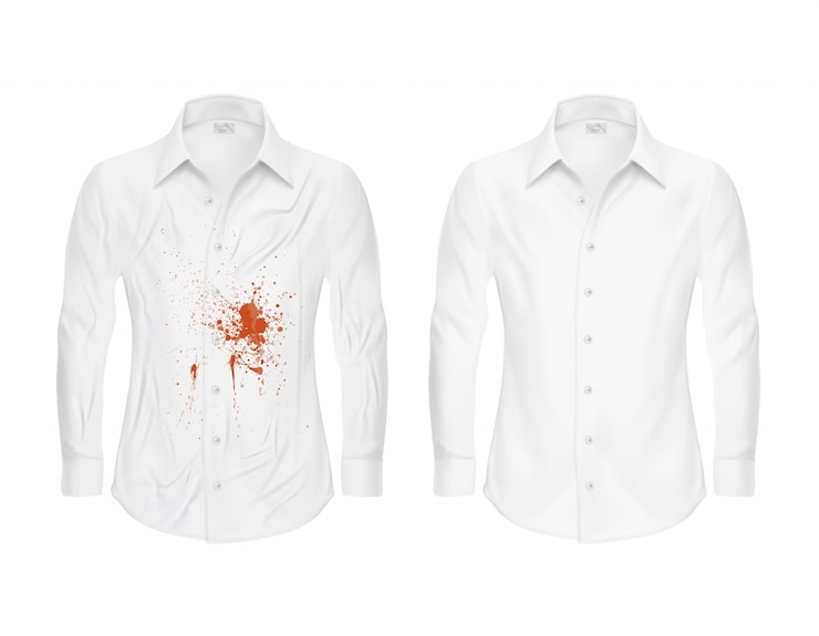 Kostenlose Vektor set von vektor-illustrationen von einem weißen t-shirt mit einem roten fleck und sauber, vor und nach einem trockenreiniger