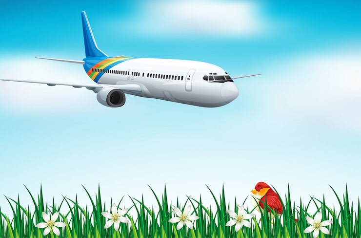 Kostenlose Vektor szene mit flugzeugfliegen im blauen himmel