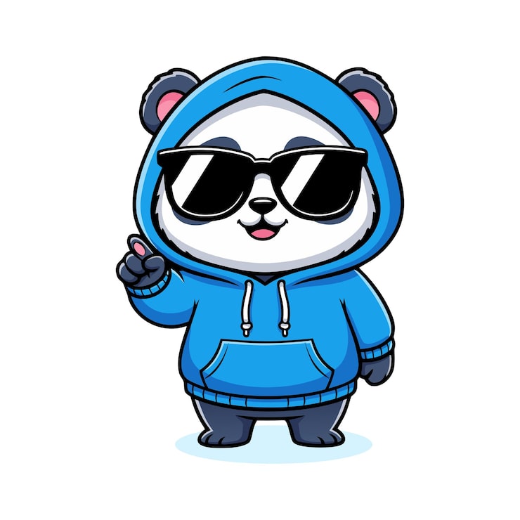 Vektor cartoon cooler panda-charakter mit kapuzenpullover und sonnenbrille, illustration, maskottchen.