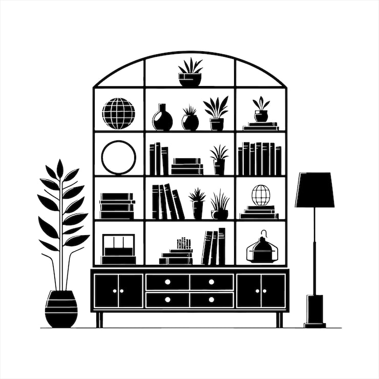 Vektor moderne bücherregal-silhouette auf weißem hintergrund