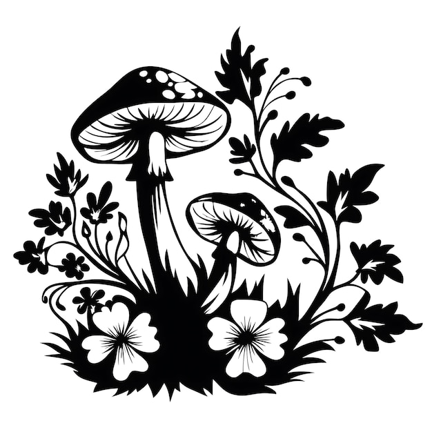 Pilze mit Wildblumen in Schwarz-Weiß