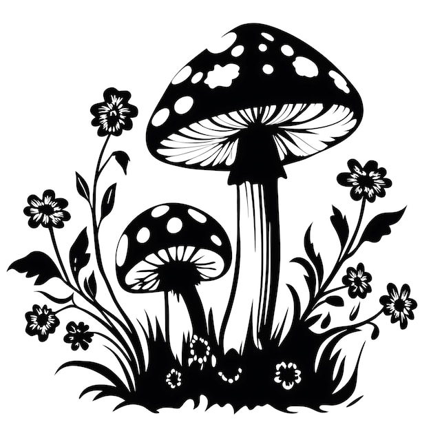 Pilze mit Wildblumen in Schwarz-Weiß