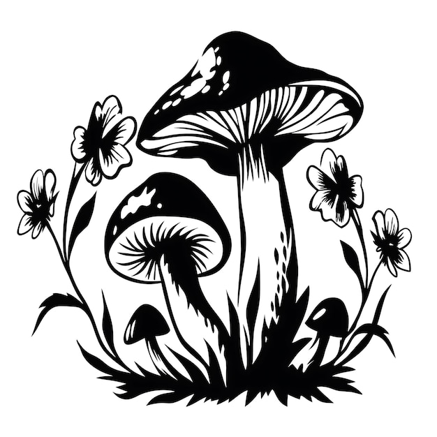 Pilze mit Wildblumen in Schwarz-Weiß