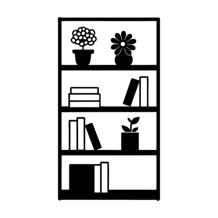 Vektor regal vereint die silhouette mit einem bücherregal mit blumen und büchern