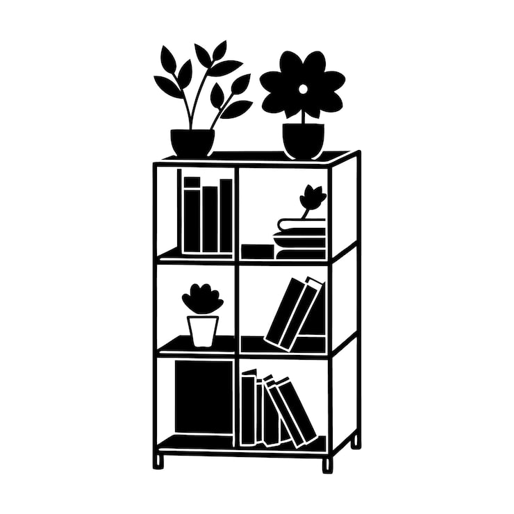 Vektor regal vereint die silhouette mit einem bücherregal mit blumen und büchern