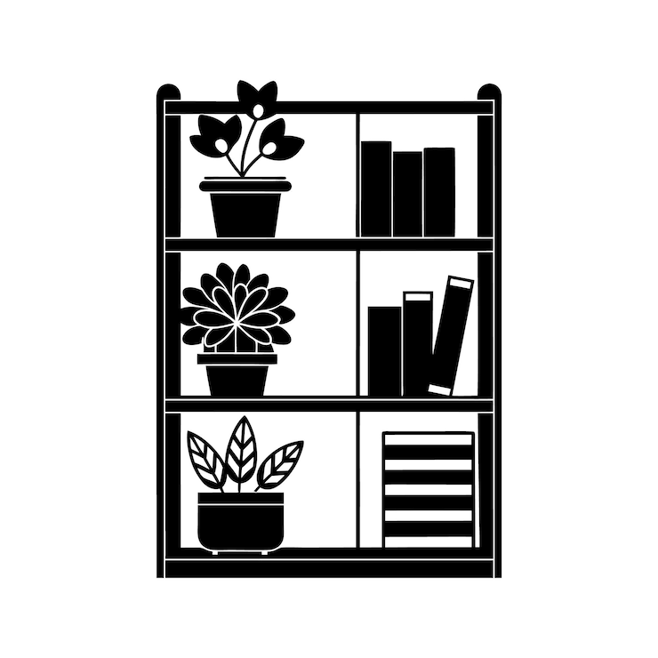 Vektor regal vereint die silhouette mit einem bücherregal mit blumen und büchern