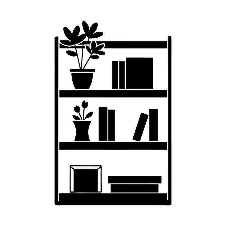 Vektor regale vereinen sich auf silhouette mit einem bücherregal mit blumen und büchern