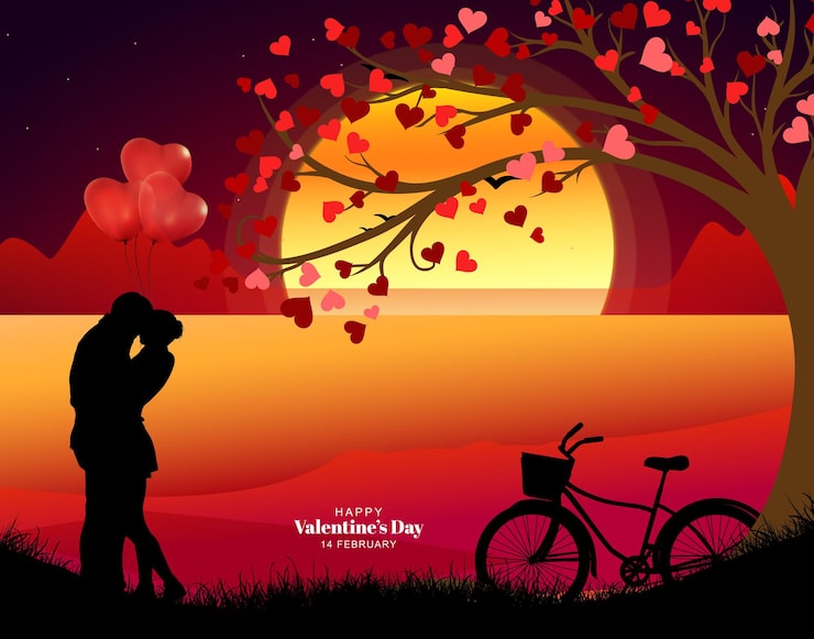 Vektor krásný banner s tématem přírody, večerního západu slunce a valentýna s romantickou siluetou páru