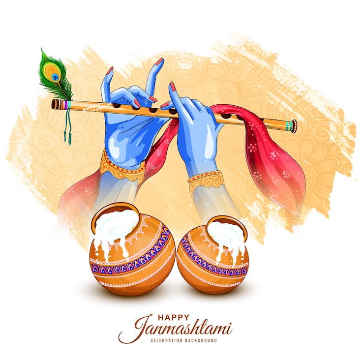 Krásné šťastné Janmashtami s Pánem Krišnou hrajícím na bansuri festivalový design