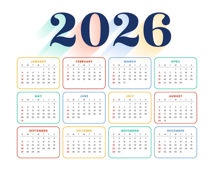 Šablona barevného měsíčního kalendáře pro rok 2026 ve stylu čar