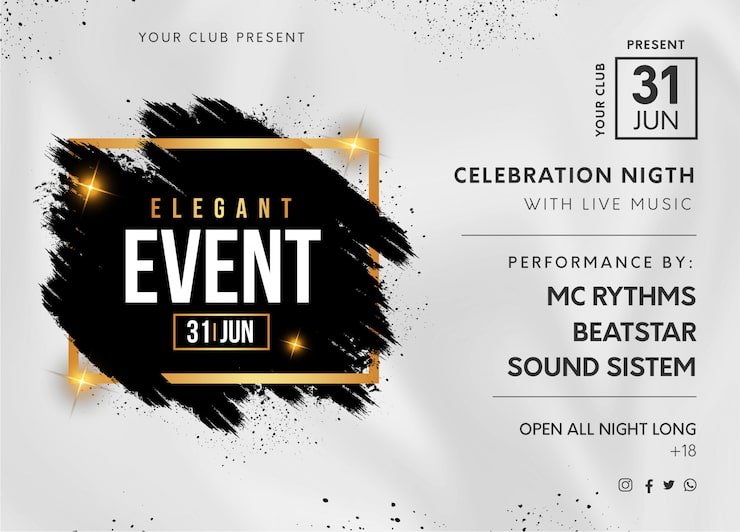 Vetor grátis banner de festa evento elegante com esguicho preto