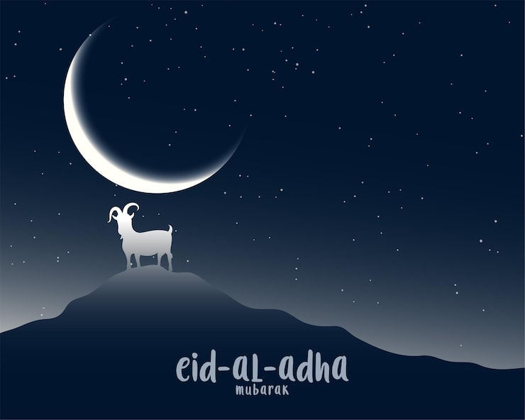 Vetor grátis cena noturna de eid al adha com cabra e lua