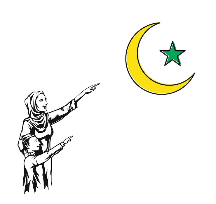 Vetor grátis eid mubarak celebra mãe e filho islâmicos apontando o dedo lua para o festival da comunidade muçulmana