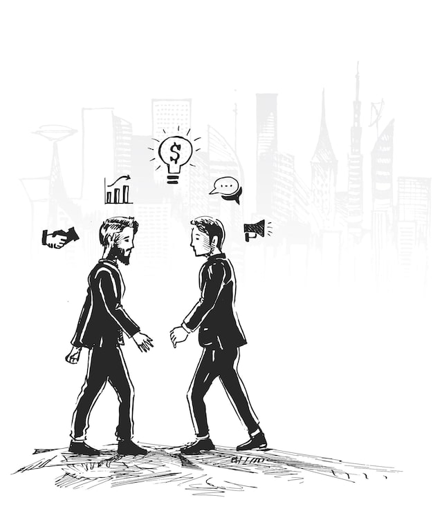 Vetor grátis empresário de pé pensando encontrar o caminho do sucesso conceito de negócios com ícones ilustração vetorial de esboço desenhado à mão