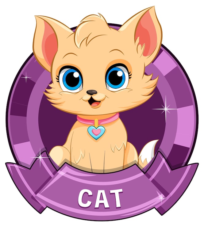 Vetor grátis gatinho de desenho animado bonito em distintivo roxo