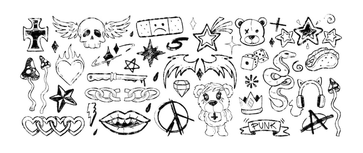 Vetor grátis graffiti de carvão doodle símbolos punk desenhados à mão lápis preto adesivos de hard rock com cabeça de esqueleto