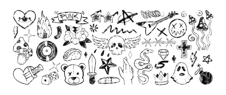 Vetor grátis grafitti símbolos punk de carvão desenhado à mão doodle lápis hard rock n roll ícone com música fly agaric