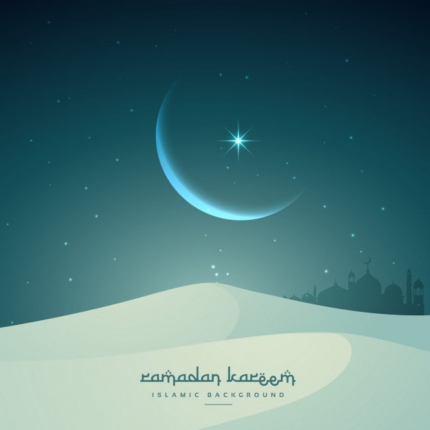 Vetor grátis kareem festival ramadan islâmico com lua e dunas de areia