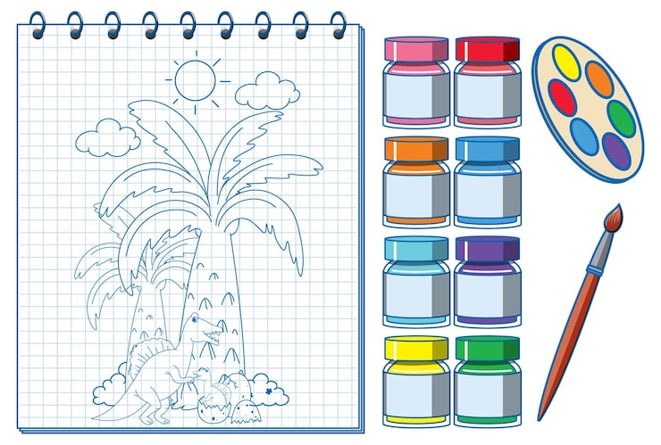 Vetor grátis um notebook com um desenho de esboço de doodle e aquarela