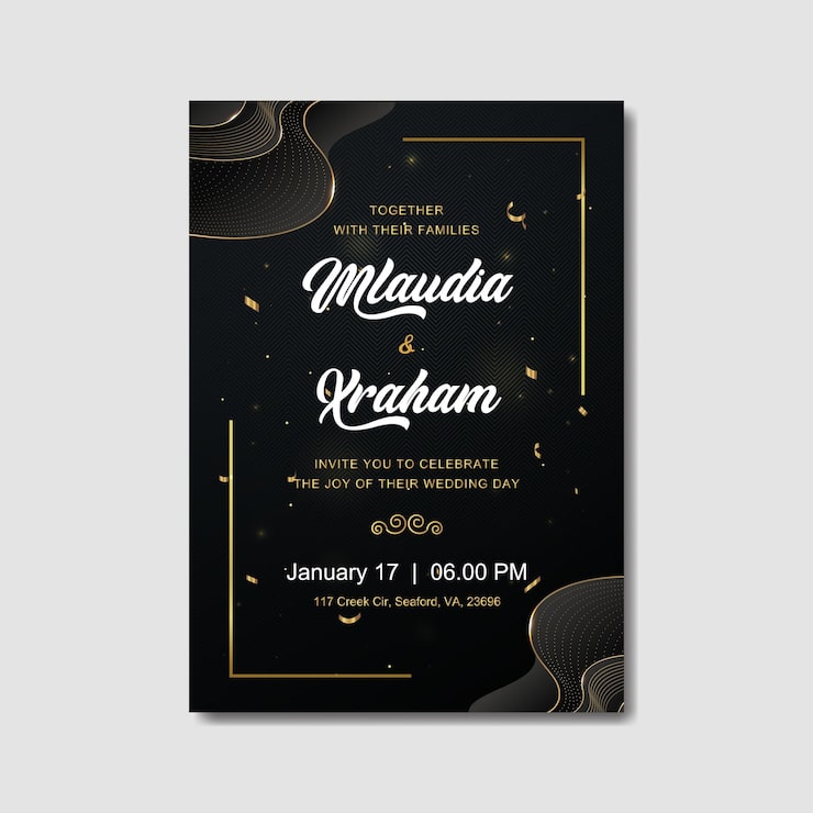 Vetor elegante convite de casamento preto e dourado