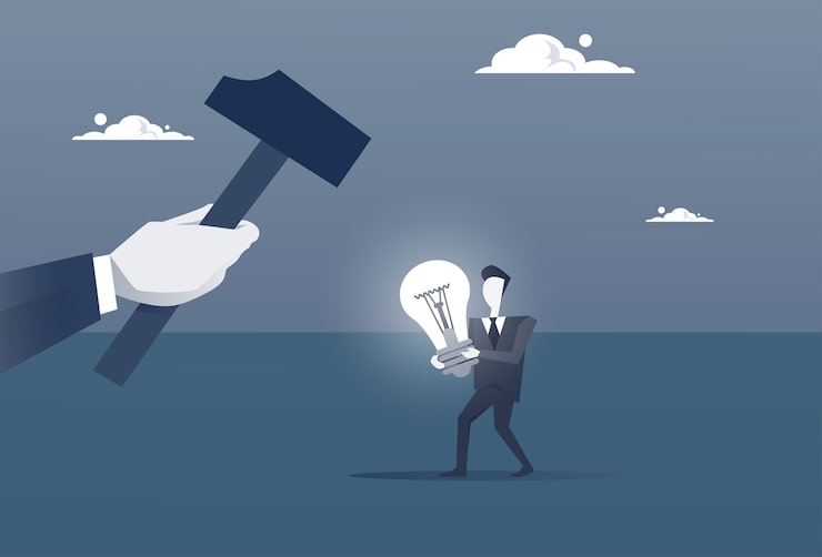 Vetor hand hold hammer broking homem de negócios com lâmpada