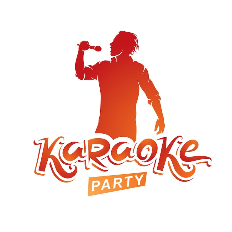 Vetor homem feliz com microfone canta karaoke, famoso folheto de convite de concerto superstar. escrita de festa de karaokê.
