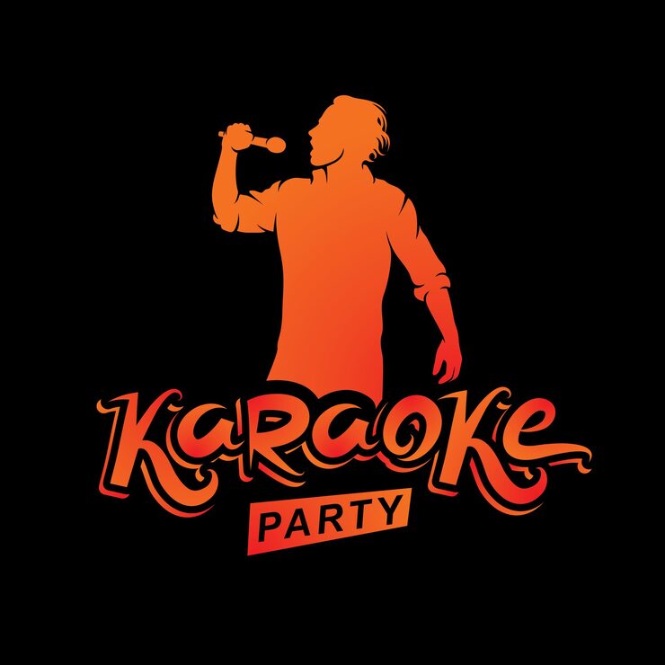 Vetor homem feliz com microfone canta karaoke, famoso folheto de convite de concerto superstar. escrita de festa de karaokê.