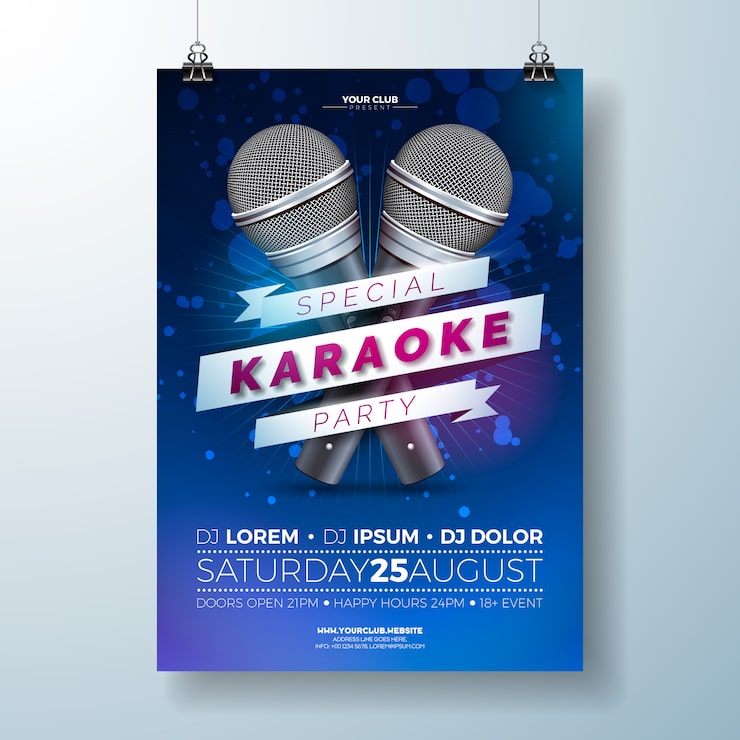 Vetor ilustração de folheto sobre um tema de festa de karaoke com microfones