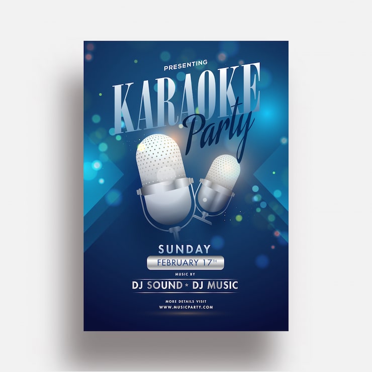 Vetor panfleto de festa de karaoke ou modelo de design com microfone realista