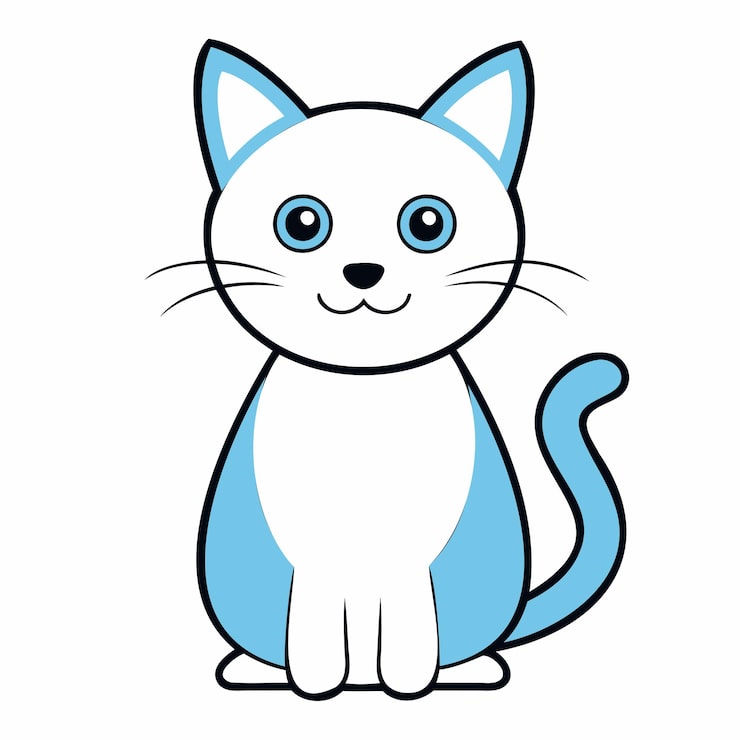 Vetor um gato branco com olhos azuis e uma cauda azul senta-se em um fundo branco