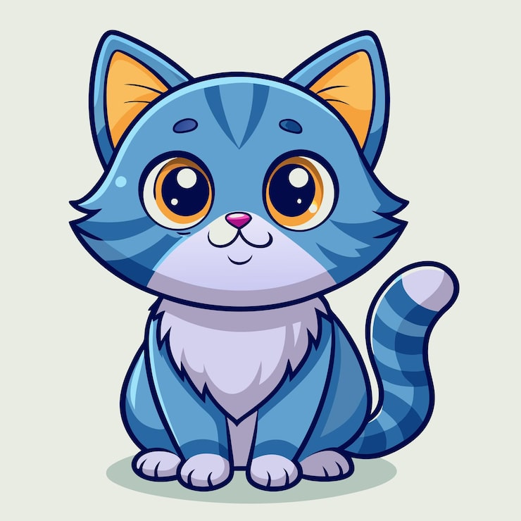 Vetor um gato de desenho animado com olhos grandes e uma cauda azul apontando para cima