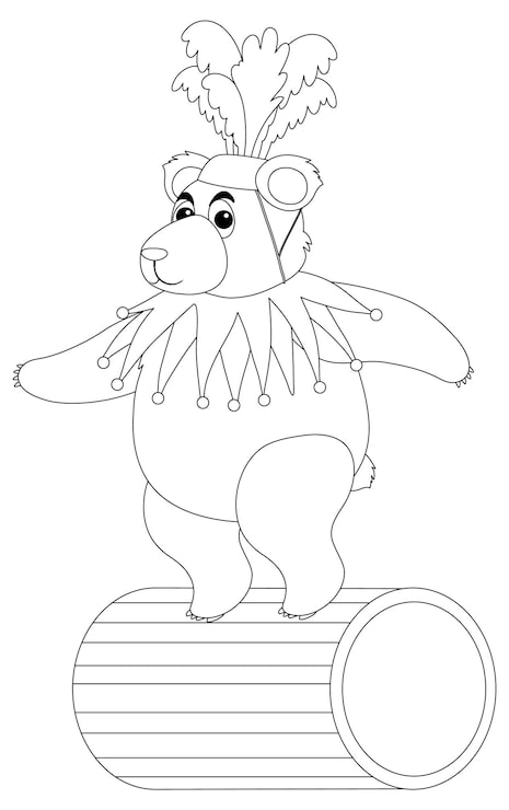 Vetor urso de circo em pé em um barril de madeira preto e branco doodle c