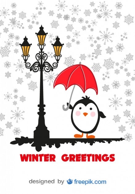 Vettore gratuito biglietto di auguri inverno cartoon pinguino con ombrello rosso