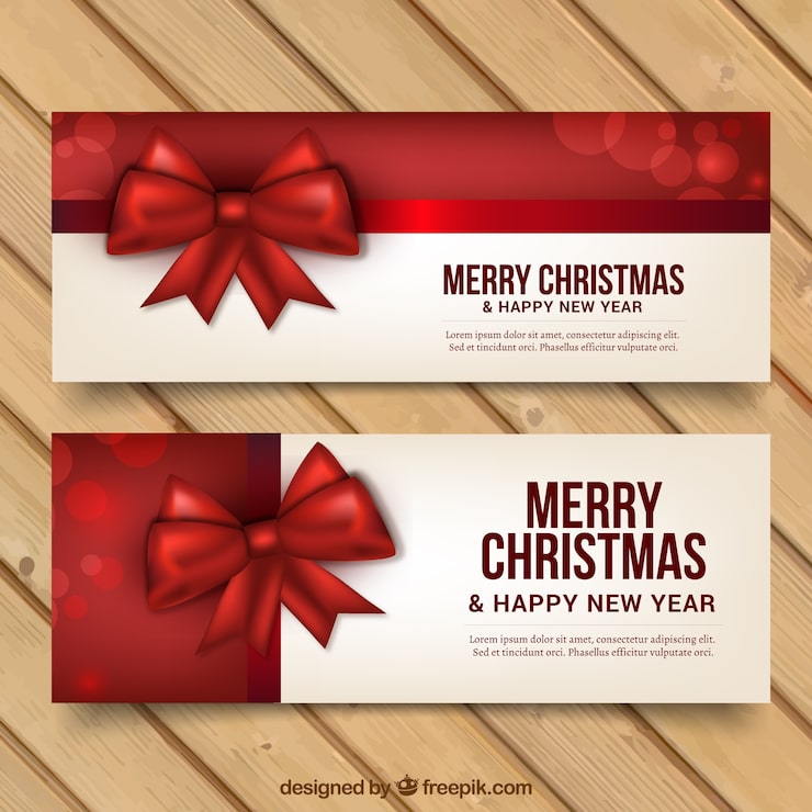 Vettore gratuito buon natale e nuovi banner anno con nastri rossi