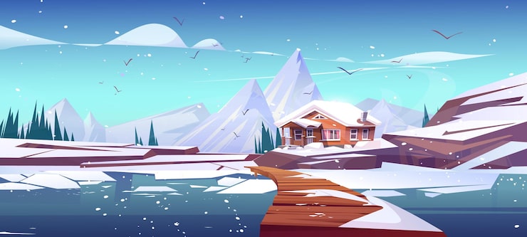 Vettore gratuito cabina di legno sulla riva di un lago o di un fiume in inverno