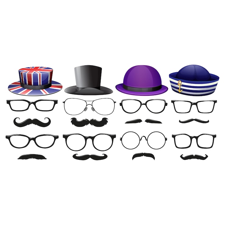 Vettore gratuito cappelli, occhiali e baffi collezione