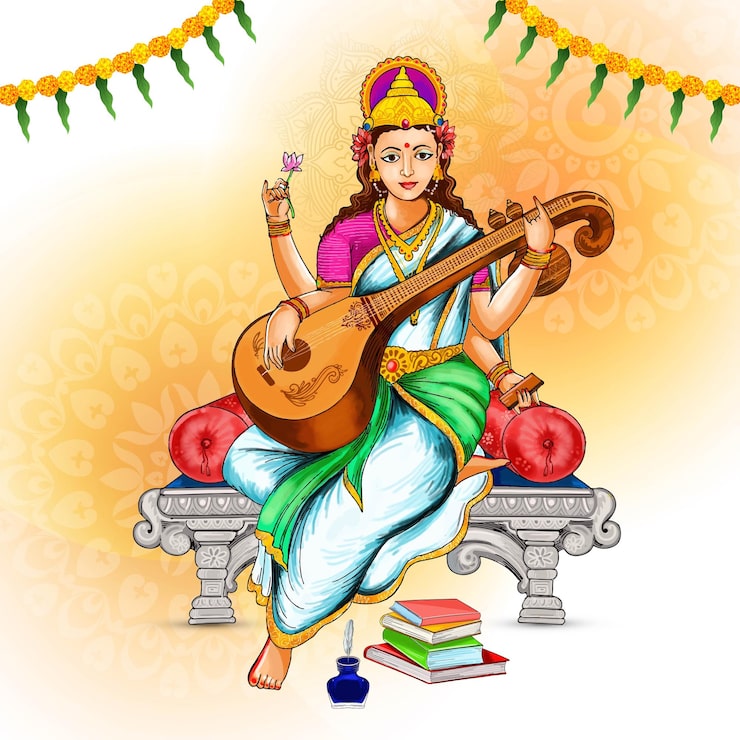 Vettore gratuito dio indiano saraswati maa su vasant panchami disegno di carta religiosa