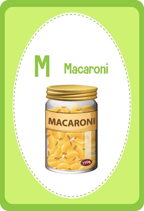 Vettore gratuito flashcard dell'alfabeto con la lettera m per maccheroni