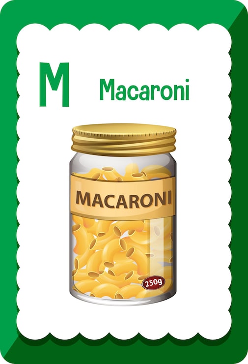 Vettore gratuito flashcard dell'alfabeto con la lettera m per maccheroni