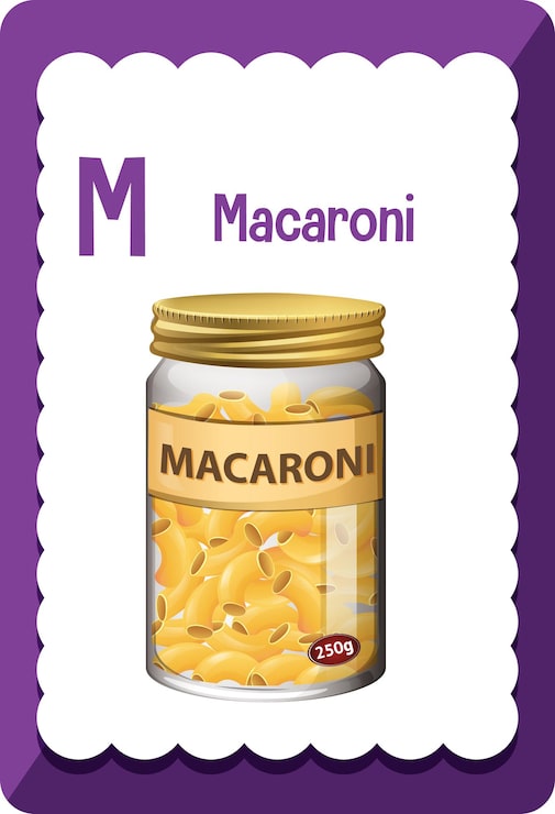 Vettore gratuito flashcard dell'alfabeto con la lettera m per maccheroni