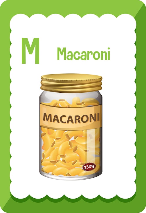 Vettore gratuito flashcard dell'alfabeto con la lettera m per maccheroni