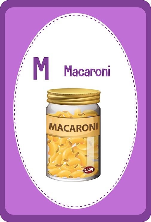 Vettore gratuito flashcard dell'alfabeto con la lettera m per maccheroni