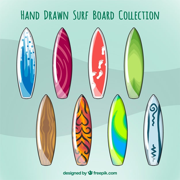 Vettore gratuito insieme disegnato a mano tavola da surf